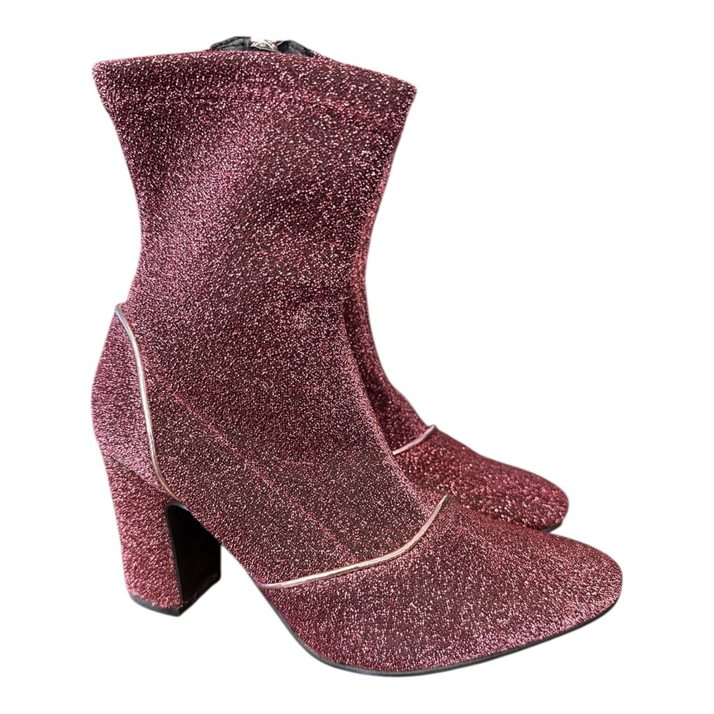 Women's Glitter Ankle Boots, Pink Sparkle Block Heel, Square Toe